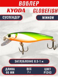Воблер KYODA Globefish Minnow-66SP, длина 6,6 см, вес 7.0 гр цвет P1243, заглубление 0,5-1,0 м